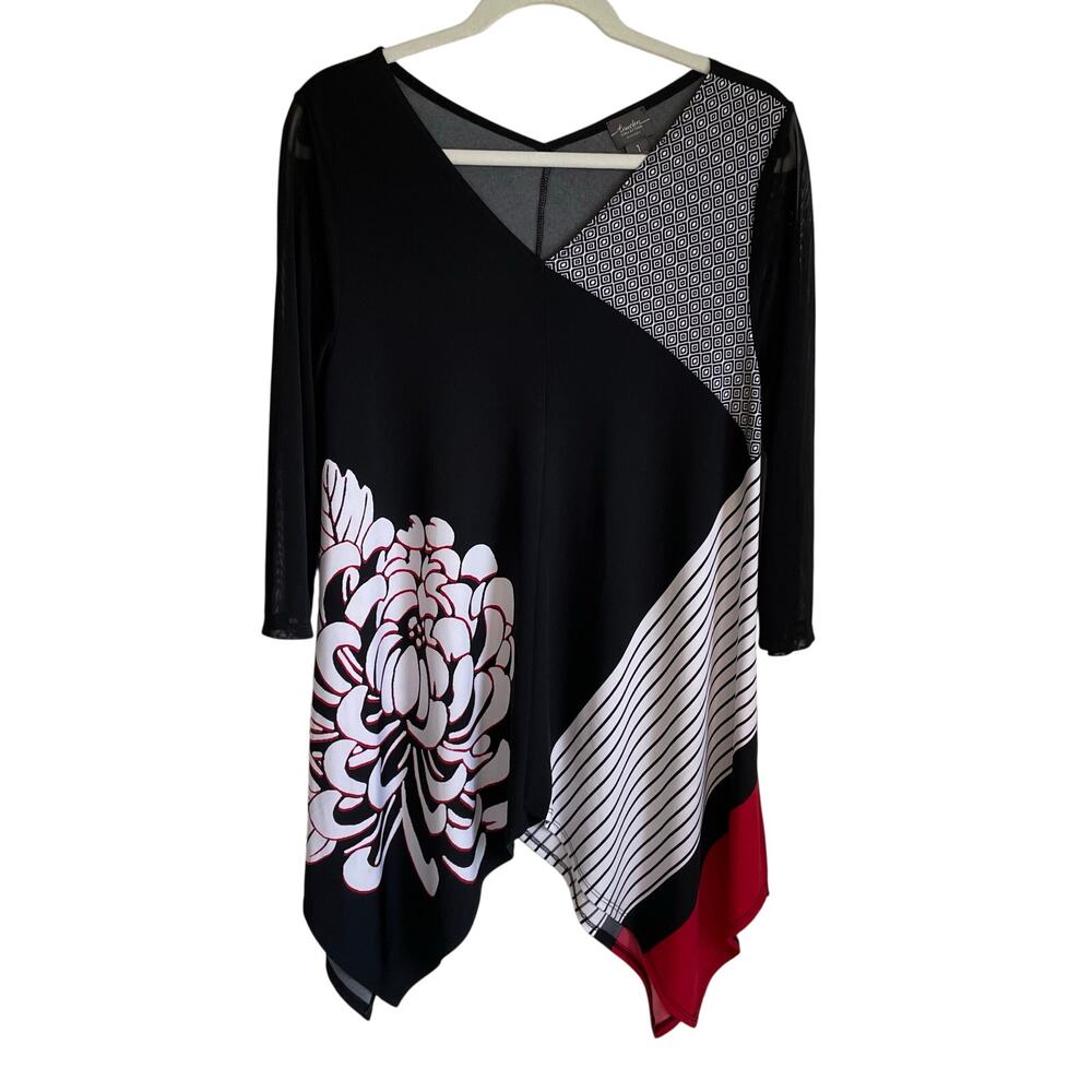 Chico's Travelers Tunic Top Sz M Asymmetric Hem Mixed Print Mesh 3/4 Sleeve Boho